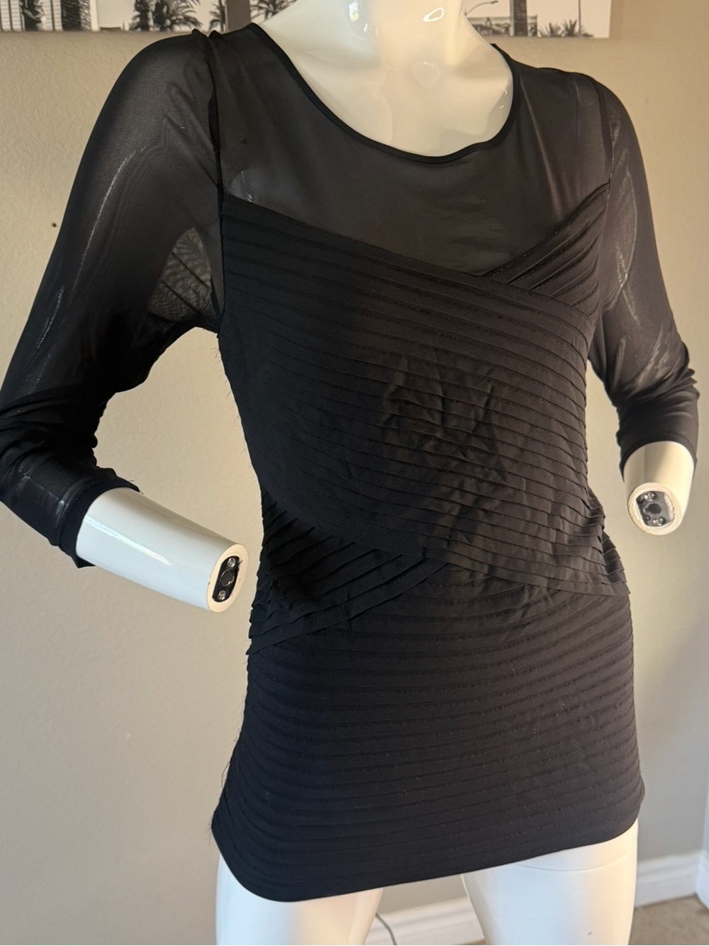 Boston Proper Black Women's Sheer Panel Ribbed Top L